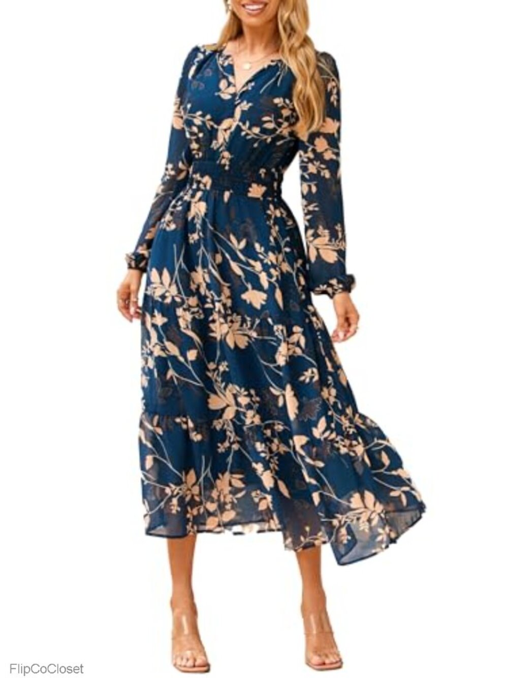 Women's Floral Boho Long Sleeve Maxi Dress V Neck Empire Waist Swing Flowy